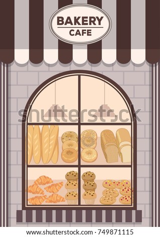 Illustration vector of Bakery cafe front shop design with awning and brick wall decorated with bread products on window shelf 