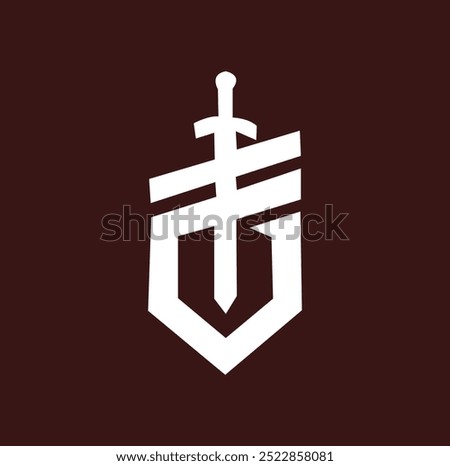 The image features a bold, white emblem centered on a deep maroon background. The design resembles a stylized sword with a cross-shaped hilt, integrated into the outline of a shield. 