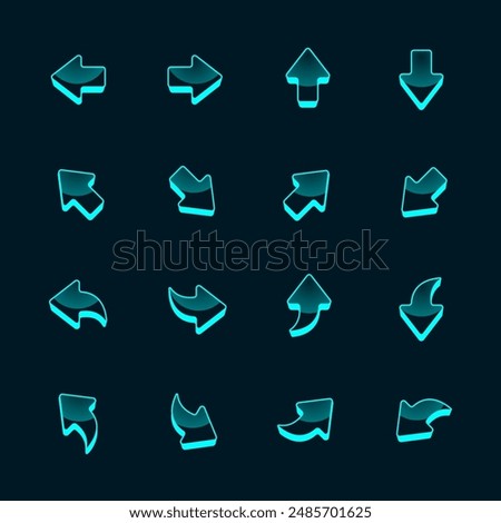 Neon Arrow Vector Set. 3d Set of Glossy Arrows in Different Directions. Up, Right, Down, Left Shiny Arrow Buttons. Set of Light Blue Icons for Web and Mobile Game Design on Isolated Dark Background.