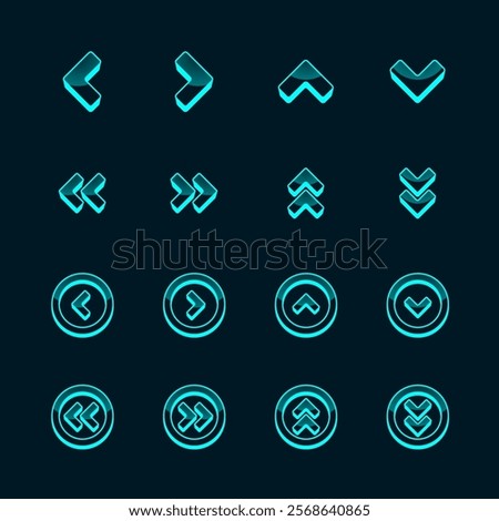 Neon Arrow Vector Set. 3d Set of Glossy Arrows in Different Directions. Up, Right, Down, Left Shiny Arrow Buttons. Set of Light Blue Icons for Web and Mobile Game Design on Isolated Dark Background.