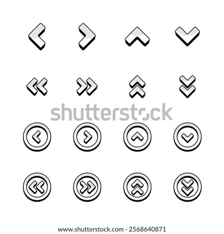 Monochrome 3d Arrow Vector Set. Collection of Stroked Arrows in Different Directions. Up, Right, Down, Left Outlined Buttons. Bordered Icons for Web and Mobile Game Design on Isolated Background.