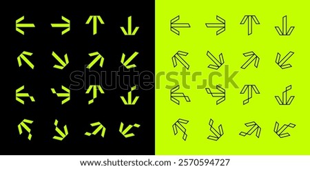 Green Arrow Vector Set. Modern Arrows in Different Directions. Left, Right, Up, Down Flat Arrow Buttons. Set of Outlined and Filled Icons for Web and Mobile Design on Isolated White Background. 