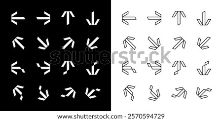 Monochrome Arrow Vector Set. Modern Arrows in Different Directions. Left, Right, Up, Down Flat Arrow Buttons. Set of Outlined and Filled Icons for Web and Mobile Design on Isolated White Background. 