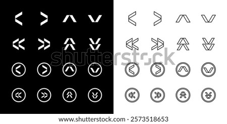 Monochrome Arrow Vector Set. Modern Arrows in Different Directions. Left, Right, Up, Down Flat Arrow Buttons. Set of Outlined and Filled Chevron Icons for Web and Mobile on Isolated White Background.