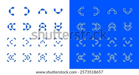 Blue Arrow Vector Set. Modern Arrows in Different Directions. Left, Right, Up, Down Flat Arrow Buttons. Set of Outlined and Filled Chevron Design Icons for Web and Mobile on Isolated White Background