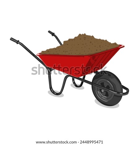 Wheelbarrow with dirt. Gardening clipart isolated on white background. wheelbarrow with soil vector illustration. garden planting and food growing in back yard and in field. gardening tools.