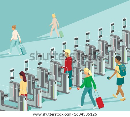 Air travellers pass through automated passport border control gates flat vector illustration