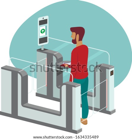 Young man passing through automated passport border control gates flat vector illustration