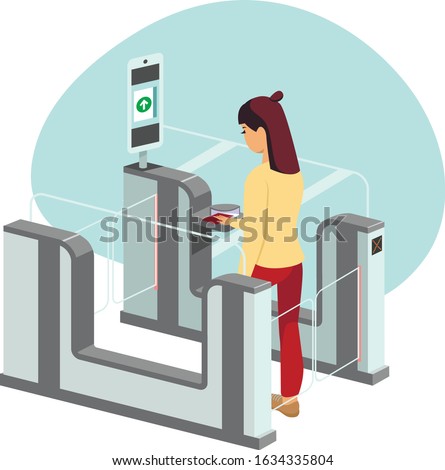 Young woman passing through automated passport border control gates flat vector illustration