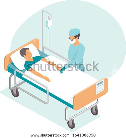 Hospitalized man lying in bed. Doctor checking him. Flat vector illustration