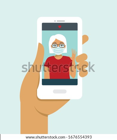 Human hand holding smart phone video call on the screen with elderly family member, mother, granny, online during COVID-19 disease outbreak. quarantine concept. Flat vector illustration