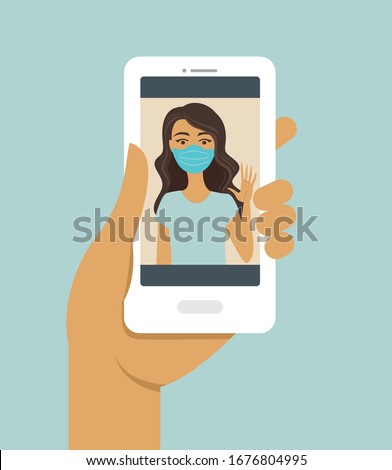 Human hand holding smart phone video call on the screen with your close friend of family member online during COVID-19 disease outbreak. quarantine concept.  Vector illustration