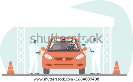 Coronavirus COVID-19 drive through testing site. Medical workers in full protective gear takes sample from driver inside the car. Drive-thru test site concept. Flat vector illustration Foto d'archivio © 
