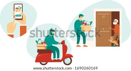 Fresh Groceries and Food Delivery for Elderly People. Old Senior man Receiving Parcel. Meal Basket as Social Help and Support. Volunteerism. Online Order Service during quarantine 