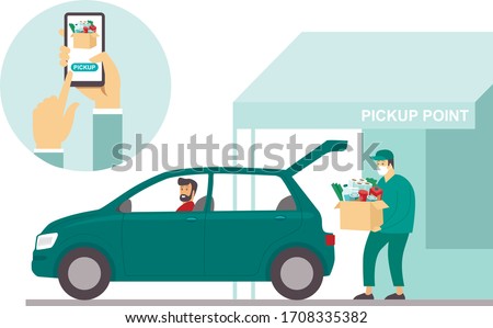Order groceries online. Pick up point in food supermarket. Safe shopping during coronavirus COVID-19 quarantine. Flat vector concept