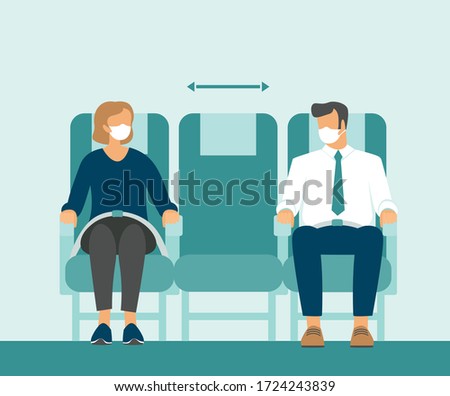 Passengers wearing protective medical masks traveling by airplane. New seating regulations on flights. Travel during coronavirus COVID-19 disease outbreak. vector illustration