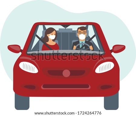 People inside the car wearing protective masks. Travel restrictions on coronavirus COVID-19 pandemic concept flat vector illustration