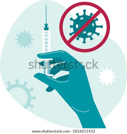  Doctor, nurse, scientist, researcher hand in blue gloves holding  coronavirus, covid-19 2019-ncov vaccine. vaccination shot, medicine and drug concept. Flat vector illustration