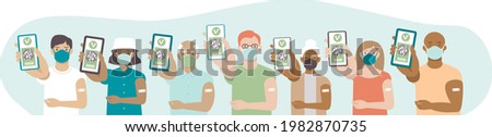 Various Vaccinated people with digital health passports. Young and aged men and women showing an app on their mobile phones. Multiracial group. Green immunity certificate concept. Flat vector 