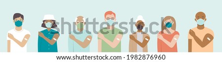 Ethnically diverse and mixed age group of people showing their shoulders with band-aids on after getting a vaccine. Set of multiracial characters. Team vaccinated. Vaccination campaign concept. vector