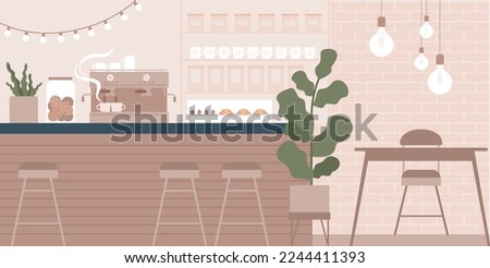 Coffeehouse inside design. Barista counter, Furniture and lighting for cafe. Cozy cafeteria interior for relax and work. No people. Flat Vector illustration