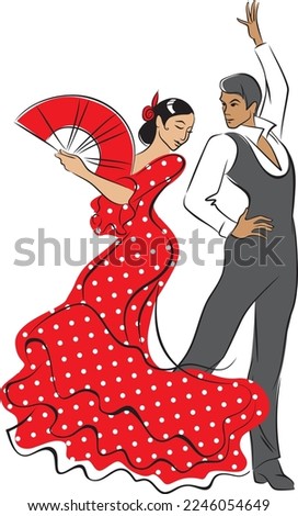 Flamenco dancers. Man and woman dancing flamenco in Spanish traditional dance costumes. Line art vector sketch 
