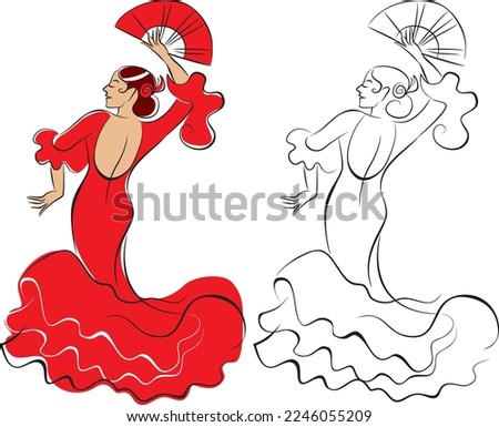 Woman dancing spanish flamenco dance. Line art vector sketch