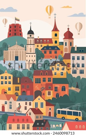 Vilnius skyline with Gediminas castle tower, Old town, hot air balloons and other landmarks and symbols. Europe Old town street landscape. Capital of Lithuania. Vertical design for flyer or poster