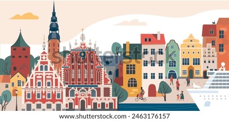 Panoramic view of old part of Riga. Famous buildings symbols and landmarks. Flyer or poster welcome to Latvia. Medieval European city.  Flat vector illustration