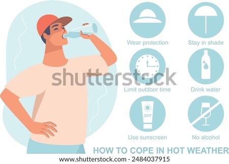 How to cope in hot weather concept. Man drinking water character with icons set. Flat vector illustration