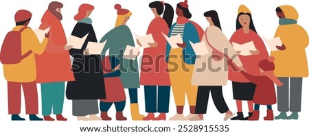 Group of men and women dressed in outerwear singing Christmas carols. Choir of  singers or carolers Singing Xmas songs. Isolated people characters. Flat vector illustration.