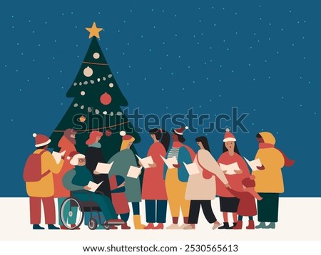 Group of Happy People in Santa Hats Singing Christmas Carols. Winter Holidays Characters. Xmas Singers Caroling at night under the Christmas tree. Flat Vector illustration