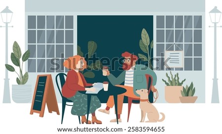 Hip couple sitting at a café terrace, sharing a coffee and a good read. flat vector illustration