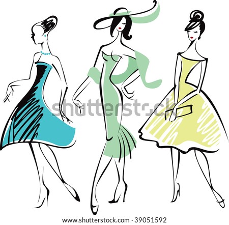 Line Drawing Of Three Fashionably Dressed Woman Stock Vector ...