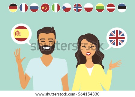 Couple speaking different languages flat vector illustration