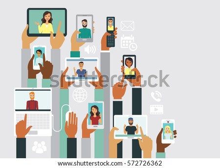 Human hands holding various smart devices communication concept