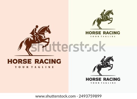 Jockey silhouette of his horse for racing club logo, sport horse racing design vector illustration