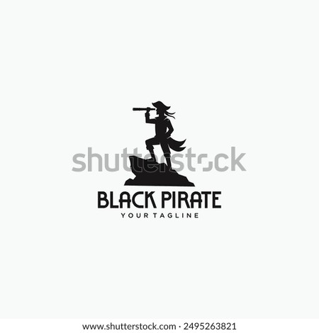 silhouette logo illustration of a pirate captain character standing on a cliff carrying binoculars looking at the open ocean