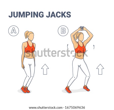 Jumping Jacks Exercise Girl Workout Silhouettes. Star Jumps illustration - a young woman in sportswear (white leggings, lush lava top and sneakers) does the side-straddle hop sequentially.
