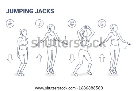 Jumping Jacks Exercise Girl Workout. Star Jumps illustration, a young woman in sportswear like leggings, top and sneakers, does the side-straddle hop sequentially.