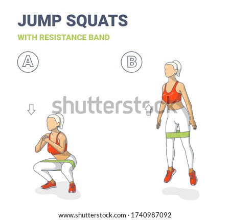 Squat Jumps with Resistance Band Girl Silhouettes. Squatting jumps with mini band home workout illustration - a young woman in sportswear does the squats and jumps exercise sequentially. Sport clipart