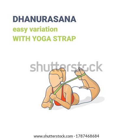 Female Dhanurasana Easy Variation with Yoga Strap Illustration. Colorful Concept of Bow Yoga Pose.