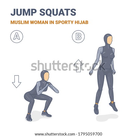 Squats and Jumps Muslim Woman Workout Illustration. Outline Concept of girl Squatting jumps a young female in Sporty Hijab, and sneakers does the Jumping Squats Exercise Sequentially. Sport Clipart.