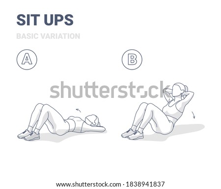 Sit Up Woman Workout Exercise Guide Illustration. Black and White Concept of Girl Working at Home on Her Abs a Young Feale in Sportswear Top, Sneakers and Leggings Doing Situps in Two Stages.