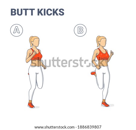 Girl Doing Butt Kicks Home Workout Exercise Guidance. Young Athletic Female Doing Kick Butt or Bum Kicks Exercising Outdoors Workout Concept.