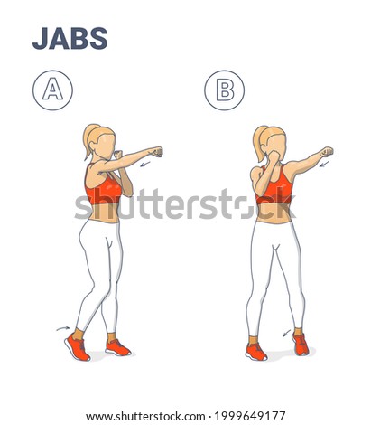 Girl Doing Jabs Exercise Fitness Home Workout Guidance Illustration. Woman Cardio Boxing Workout Move Jab Punch.