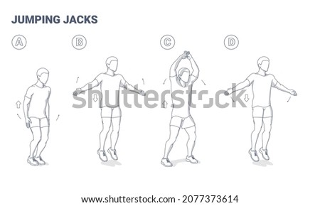 Jumping Jacks Home Man Workout Exercise Diagram. Star Jumps Fitness Vector Illustration. A Fitness Junkie Guy in Sportswear Does the Side Straddle Hop Sequentially Guidance To shed pounds.