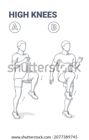 High Knees for Man. Front Knee Lifts. Male Fitness Model Jogging on the Spot and Sprinting Exercise Guidance For Shed Pounds. Home Workout Guy Vector Illustration Isolated on White Background.