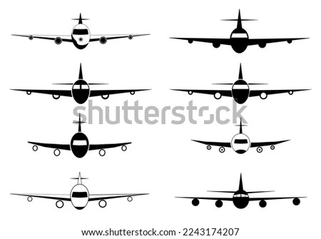 Airplane vector icon. Icon set. Flight transport symbol. Travel illustration. Flying up airplane icon. Vector illustration. Airplane in sky. Flying civil aircraft transport