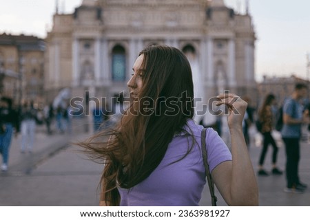 Similar – Image, Stock Photo Lonely woman with long hair looking at a hill